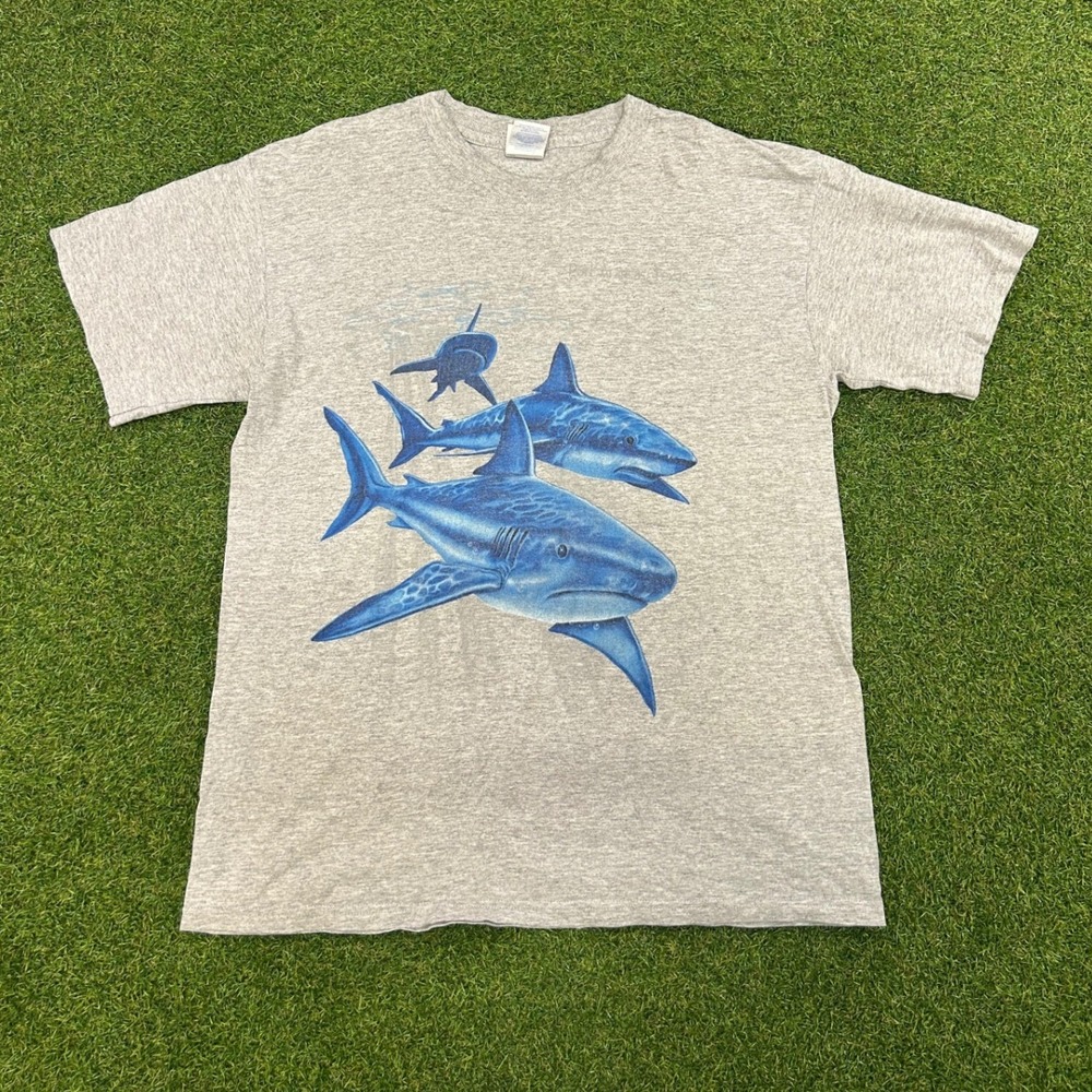 Vintage Shark Graphic T-Shirt Gray Port Aransas Texas Mens Medium Blue Sharks
